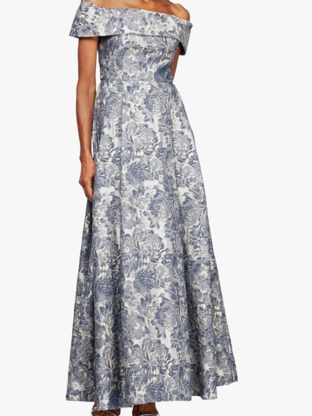 Alex Evenings brand.  Off the shoulders brocade with hints of gold and blues.